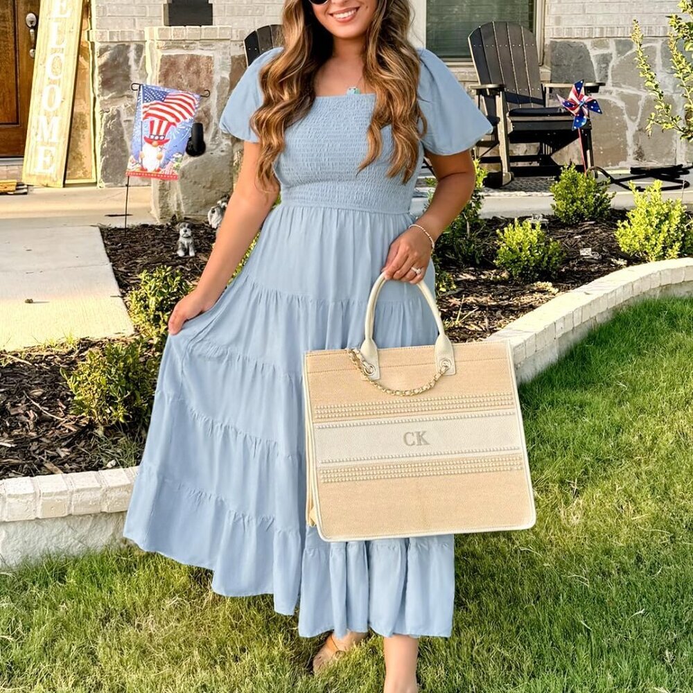 Women's 2025 Summer Square Neck Short Puff Sleeve Solid Color High Waist Casual - Picture 6 of 9